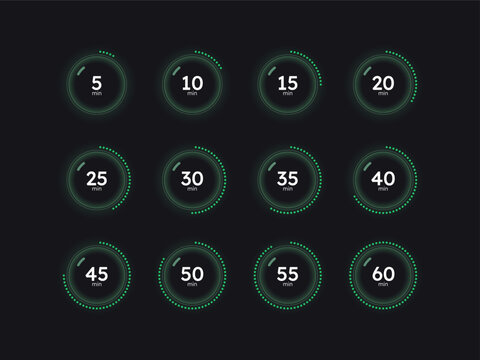 Glass translucent dynamic countdown timer set on dark background. Green dotted line appearing. Circle progress bars isolated. Minutes stopwatch. Remaining time. Modern UI graphic collection
