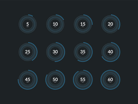 Blue neon dotted line countdown timer set on dark background. Measuring process. Business. Circle progress bars isolated. Minutes stopwatch. Remaining time. Modern UI graphic collection