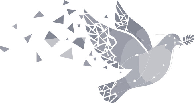 Abstract geometric dove of peace with olive branch shattering into triangles representing digital unity reconstruction and fragile global harmony conceptual vector illustration isolated on white.