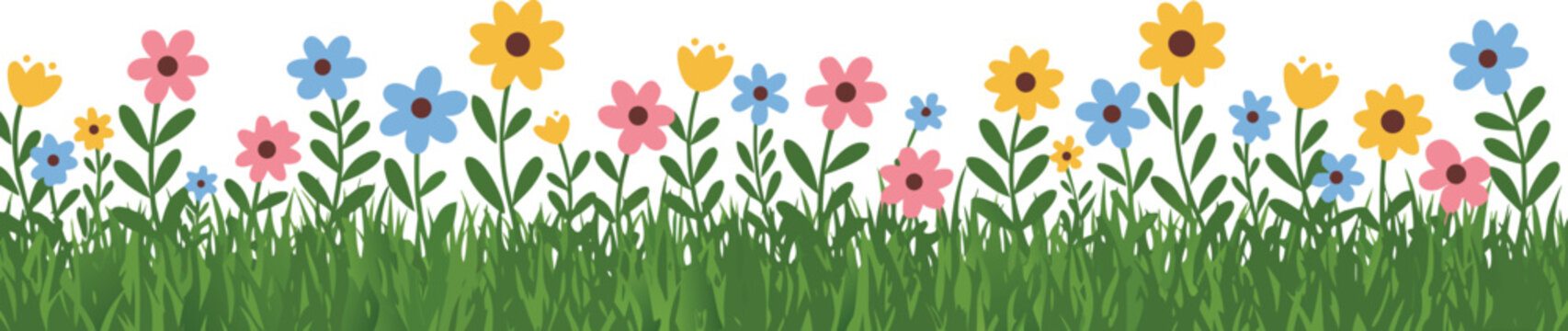 Vibrant colorful flowers and green grass on a white background for spring or summer designs