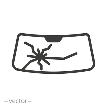 Damaged windshield icon, car front glass broken, outline vector illustration