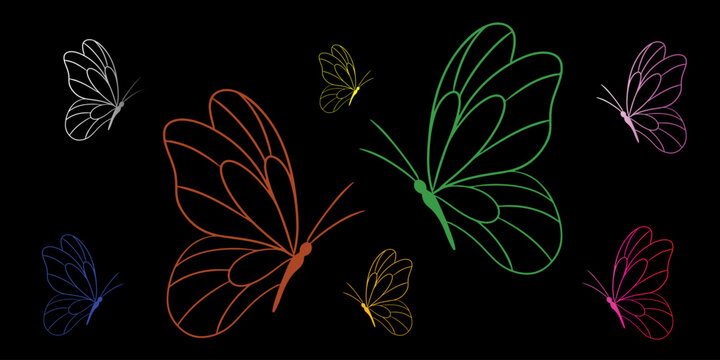gow in the dark colorful butterflies on black background