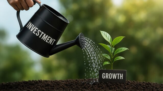 A hand waters a young plant labeled "GROWTH" with a black watering can marked "INVESTMENT," symbolizing nurturing progress and development.
