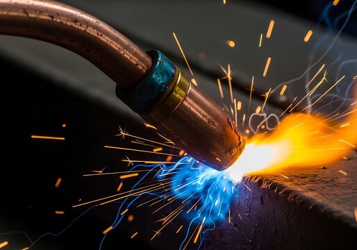 Industrial metal welding process with bright sparks and blue arc light