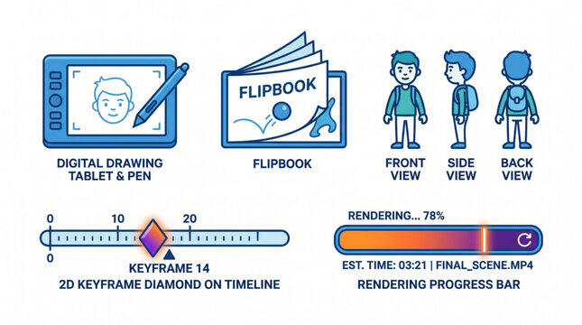 2D Animation Tools and Workflow Digital Tablet, Flipbook, Keyframing, and Rendering Progress