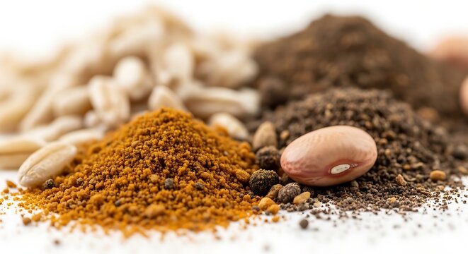 Assorted dry ingredients for cooking including various grains, beans, and spices piled on a white background