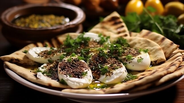 Middle Eastern breakfast with grilled halloumi cheese and pita bread