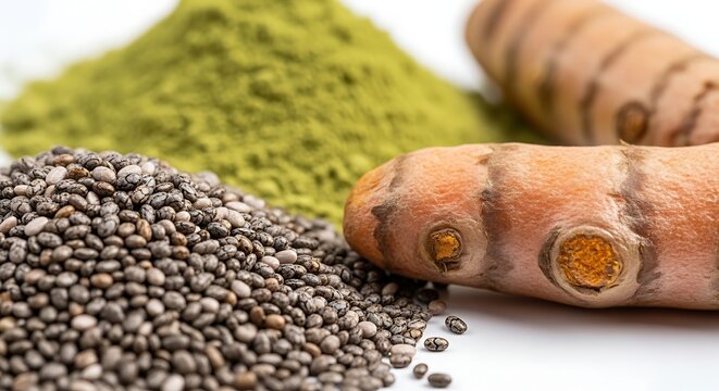Chia seeds, matcha green tea powder and fresh turmeric root on white background