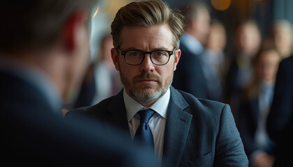Fototapeta premium Serious businessman with glasses in corporate meeting, focused expression, cinematic lighting