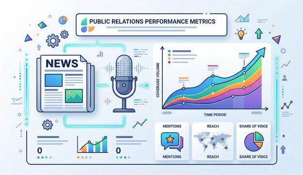Modern brand awareness measurement concepts featuring generic KPI tiles, charts, surveys, and social listening indicators. Ideal for marketers, agencies, and SaaS dashboards illustrating awareness tra