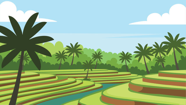 Curved Canals Bali Rice Flat Design Illustration