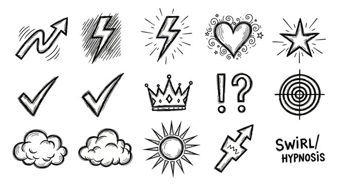A collection of 14 hand-drawn icons featuring various symbols and marks on a white background including a star, heart, lightning bolt, and checkmark.