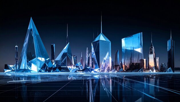 Abstract digital art representation of a futuristic glass crystal cityscape at night featuring glowing geometric towers and reflections.
