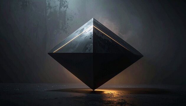 A mysterious floating dark geometric pyramid shape with glowing golden light lines in a dark atmospheric environment for creative abstract art.