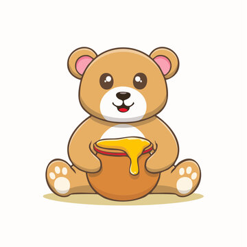 Cute cartoon bear holding a pot of honey