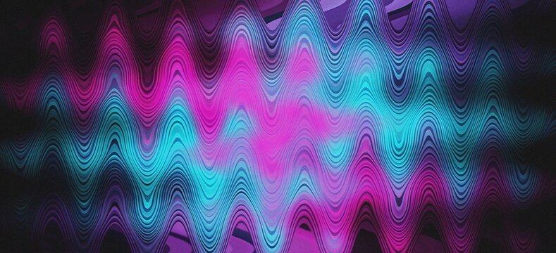 Neon pink and cyan vertical wavy zigzag pattern background featuring retro grainy digital noise texture
