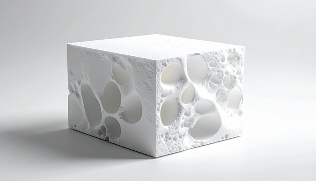 Abstract white cube sculpture with porous organic texture and smooth geometric edges isolated on a minimal grey studio background.