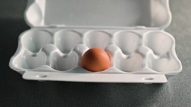 Close-up of person opening tray with one egg