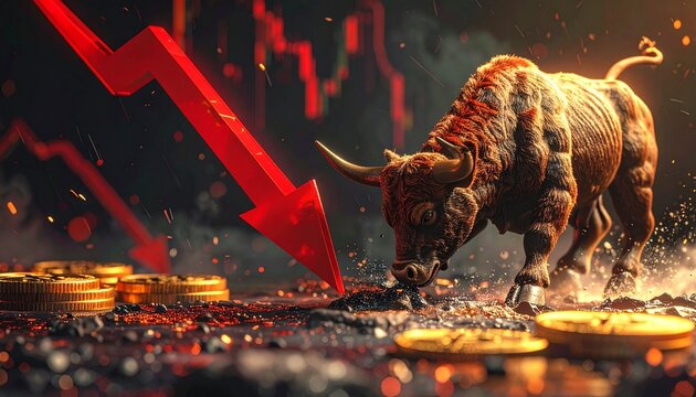 A powerful bull stands near gold coins under a falling red stock market trend arrow representing financial crisis and economic downturn concepts.