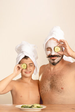Father and son bonding through self-care routine