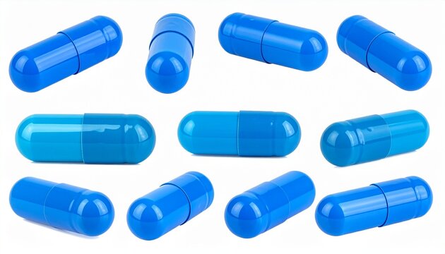 A collection of blue medical capsules arranged on a white background representing healthcare wellness pharmaceuticals and modern medicine concepts.