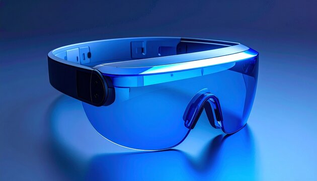 Modern augmented reality headset with sleek blue lenses for advanced immersive digital experiences and futuristic electronic equipment technology.