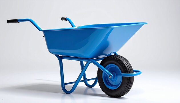 A vibrant blue metal wheelbarrow designed for garden maintenance construction projects and heavy lifting tasks isolated on white background.