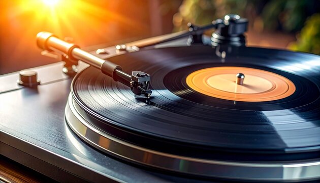 A classic vinyl record player spinning a disc in a warm sunset glow creating a nostalgic atmosphere for music lovers and vintage enthusiasts.