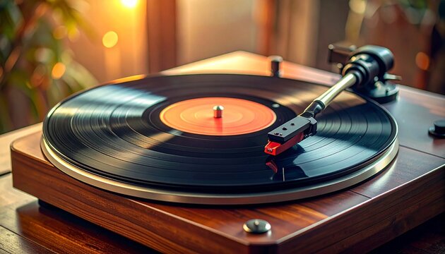 Vintage wooden record player turntable with a spinning black vinyl disc featuring a warm orange label in a cozy and rustic music studio setting.
