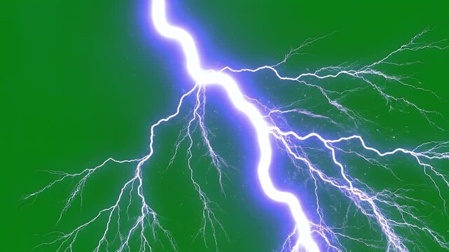 A vibrant green background is dramatically split by a striking display of electric purple and white lightning, creating a visually arresting and energetic scene.
