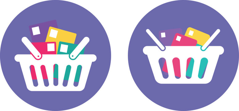 Flat shopping basket icons with colorful products, retail grocery store symbols in purple circles, e-commerce purchase and checkout vector set