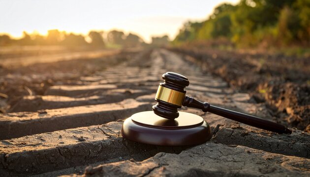 A wooden judge gavel placed on a muddy field with heavy tire tracks representing environmental law disputes and justice for nature conservation.