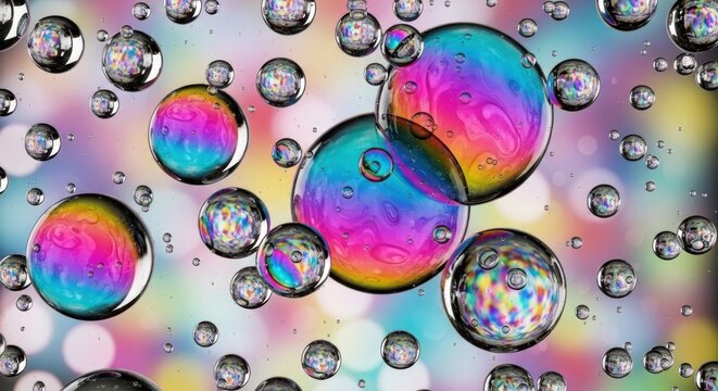 Rainbow colorful bubbles floating on water surface