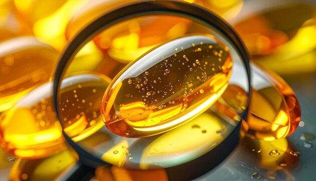 A close up macro shot of golden omega three fish oil softgel capsules viewed through a magnifying glass representing health and wellness.