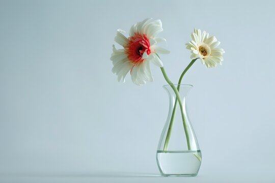 Zwei Blumen in einer Vase wobei eine st&auml;rker und aufrechter ist als die andere als Symbol f&uuml;r unausgeglichene Beziehung