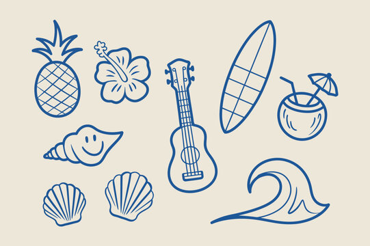 Hawaii Tropical Doodle Icon Set, Hand Drawn Vector Illustration of Island Elements, Summer Symbols, Beach Objects, Exotic Plants, and Vacation Design Collection for Creative Projects.