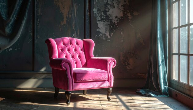 A luxurious hot pink tufted velvet armchair sitting in a dimly lit sophisticated living room interior with soft natural morning light beams.