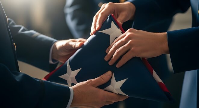 Military personnel holding folded American flag during formal ceremony
