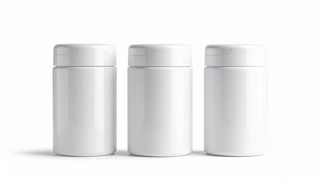 Three blank white plastic pill bottles arranged in a row for branding mockups isolated on a clean white background for wellness products.