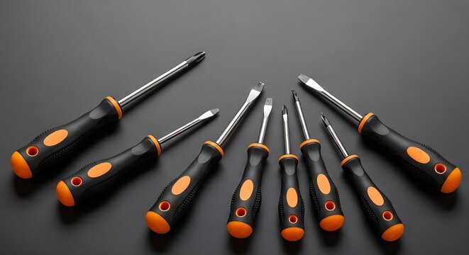 Professional set of screwdrivers with ergonomic handles on dark background