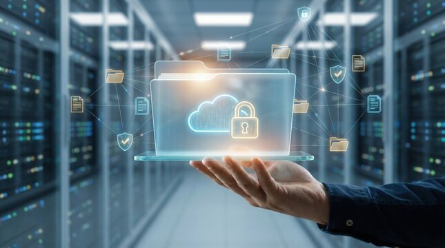 Cloud service for digital document management enables secure storage transfer of files with advanced protection in data center room