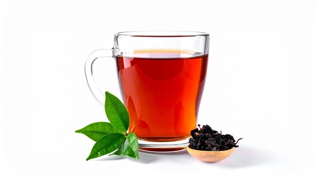 A clear glass cup filled with hot organic black tea next to fresh green leaves and dried tea leaves on a white background for relaxation.