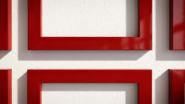 Six empty picture frames with red borders are mounted on a white wall, with shadows from the sunlight creating an interesting pattern