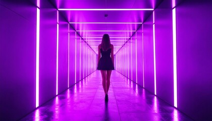 Fototapeta premium A young woman standing in a futuristic neon tunnel with vibrant purple glowing lights creating a conceptual atmosphere of mystery and style.