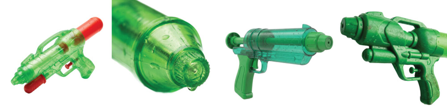 Retro green water gun collection, translucent plastic squirt guns for summer fun, vintage style toy blasters with red accents for outdoor play isolated on Transparent Background