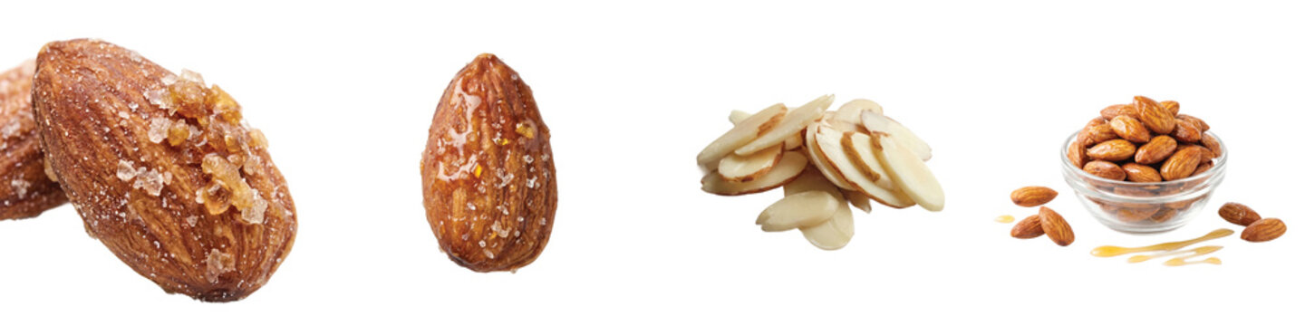 Roasted almond nut collection, salted whole almonds and sliced almond flakes, organic brown nuts in glass bowl for healthy snacking isolated on Transparent Background
