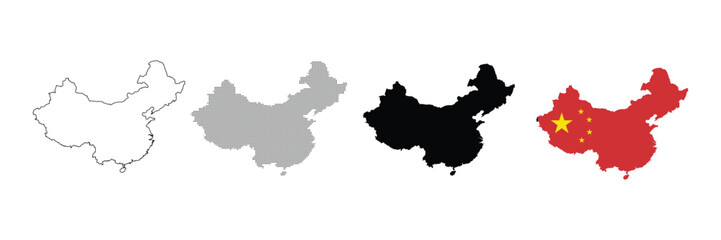 Set of china map icons, including outline, dotted, silhouette and flag styles, vector illustration © Yasmin