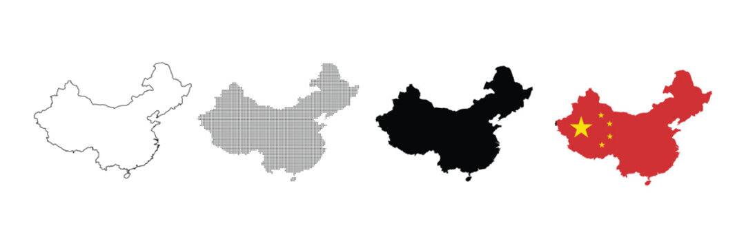 Set of china map icons, including outline, dotted, silhouette and flag styles, vector illustration