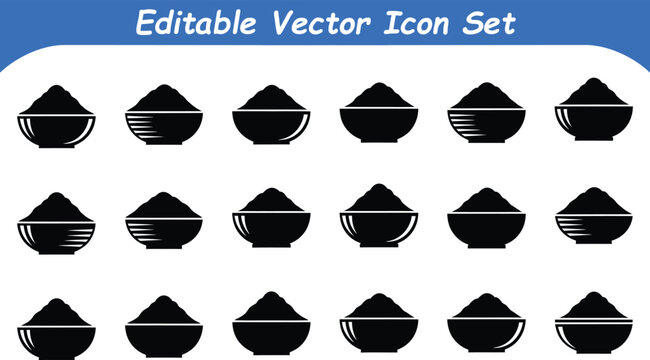Minimalist bowl and powdered substance vector icon collection with ingredient