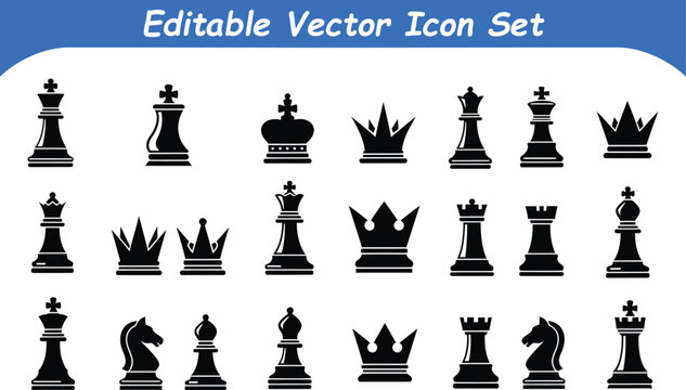 Strategic chess piece and monarch crown silhouette icon set with strategy
